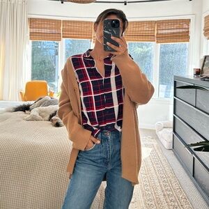 Navy Blue, Red, White Plaid Collared Shirt, Size 2